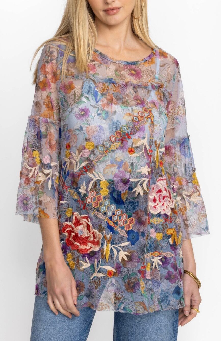 Johnny Was Biya Flora Dancer Mesh Top Floral Embroidered Blouse Medium